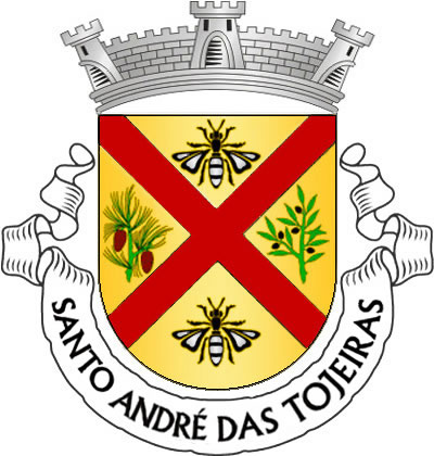 <p>Escudo de ouro, aspa diminuta de vermelho, acompanhada nos flancos de um ramo de pinheiro de verde, com pinhas de vermelho e um ramo de oliveira de verde, frutado de negro e, em chefe e em ponta, de uma abelha de negro, realçada de prata. Coroa mural de prata de três torres. Listel branco, com a legenda a negro: «SANTO ANDRÉ das TOJEIRAS».</p>
<p>(D.R.III Série nº 30, de 05/02/04)</p>