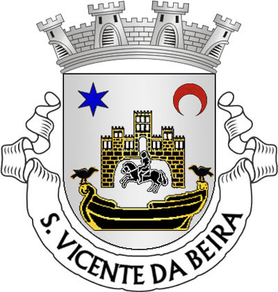 <p>Escudo de prata, castelo de negro lavrado de ouro, aberto e iluminado do campo, tendo na porta, em grande arco abatido, cavaleiro envergando armadura completa com elmo e sua montada, tudo de negro, realçado de prata; acantonados em chefe, estrela de seis pontas de azul e minguante de vermelho; em ponta, barco de negro realçado de ouro, com dois corvos de negro, o da dextra volvido, um à proa e outro na popa. Coroa mural de prata de quatro torres. Listel branco, com a legenda a negro: «S. VICENTE da BEIRA».</p>
<p>(D.R.III Série nº 125, de 28/05/04)</p>