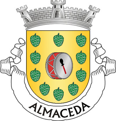 <p>Escudo de ouro, bombo de vermelho com pele e cordões de prata, com sua baqueta de negro encabada de vermelho; alinhadas em orla, 10 pinhas de verde realçadas de prata. Coroa mural de prata de três torres. Listel branco, com a legenda a negro: «Almaceda».</p>
<p>(D.R.II Série nº 227, de 24/11/06)</p>