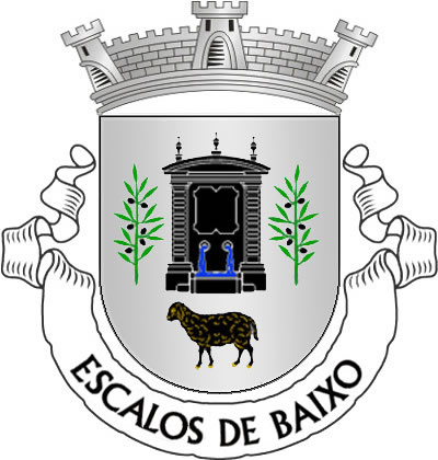 <p>Escudo de prata, fontanário de negro, lavrado de prata e jorrando água de azul, entre dois ramos de oliveira de verde, frutados de negro; em campanha, ovelha de negro, ungulada e realçada de ouro. Coroa mural de prata de três torres. Listel branco, com a legenda a negro: "ESCALOS de BAIXO".</p>
<p>(D.R.III Série nº 190, de 19/08/02)</p>