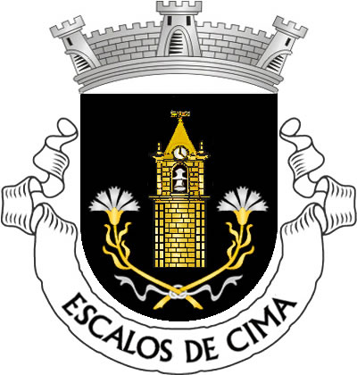 <p>Escudo de negro, torre de campanário de ouro, lavrada e aberta do campo, com sino e relógio de prata, entre dois pés de cravo de ouro, floridos de prata, passados em aspa e atados de prata, na ponta. Coroa mural de prata de três torres. Listel branco, com a legenda a negro: "ESCALOS de CIMA".</p>
<p>(D.R.III Série nº 240, de 16/10/01)</p>