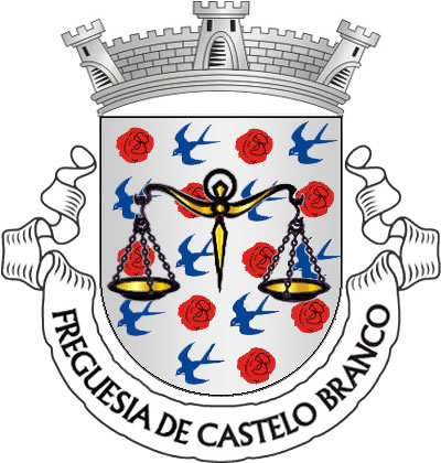 <p>Escudo de prata, semeado de flores de vermelho, alternando com pequenas aves de azul e brocante, uma balança de negro, realçada de ouro. Coroa mural de prata de três torres. Listel branco, com a legenda a negro «FREGUESIA de CASTELO BRANCO”.</p>
<p>(D.R.II Série nº 133, de 12/07/07)</p>