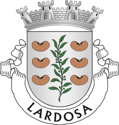 <p>Escudo de prata, ramo de loureiro de verde entre seis feijões frades de sua cor, postos em faixa e alinhados em pala. Coroa mural de prata de quatro torres. Listel branco com a legenda de negro, em maiúsculas: “LARDOSA“.</p>
<p>(D.R.III Série nº 177, de 01/08/96)</p>