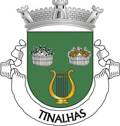 <p>Escudo de verde, com duas tinas de prata realçadas de negro, cheias, a da dextra de ramos de oliveira de prata, frutadas de negro e a da sinistra de cachos de uvas de ouro folhados de prata e uma lira de ouro realçada de negro, tudo bem ordenado. Coroa mural de prata de três torres. Listel branco, com a legenda a negro - «TINALHAS».</p>
<p>(D.R.III Série nº 305, de 31/12/04)</p>